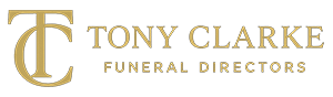 Tony Clarke Funeral Directors gold monogram logo on black blackguard , home page