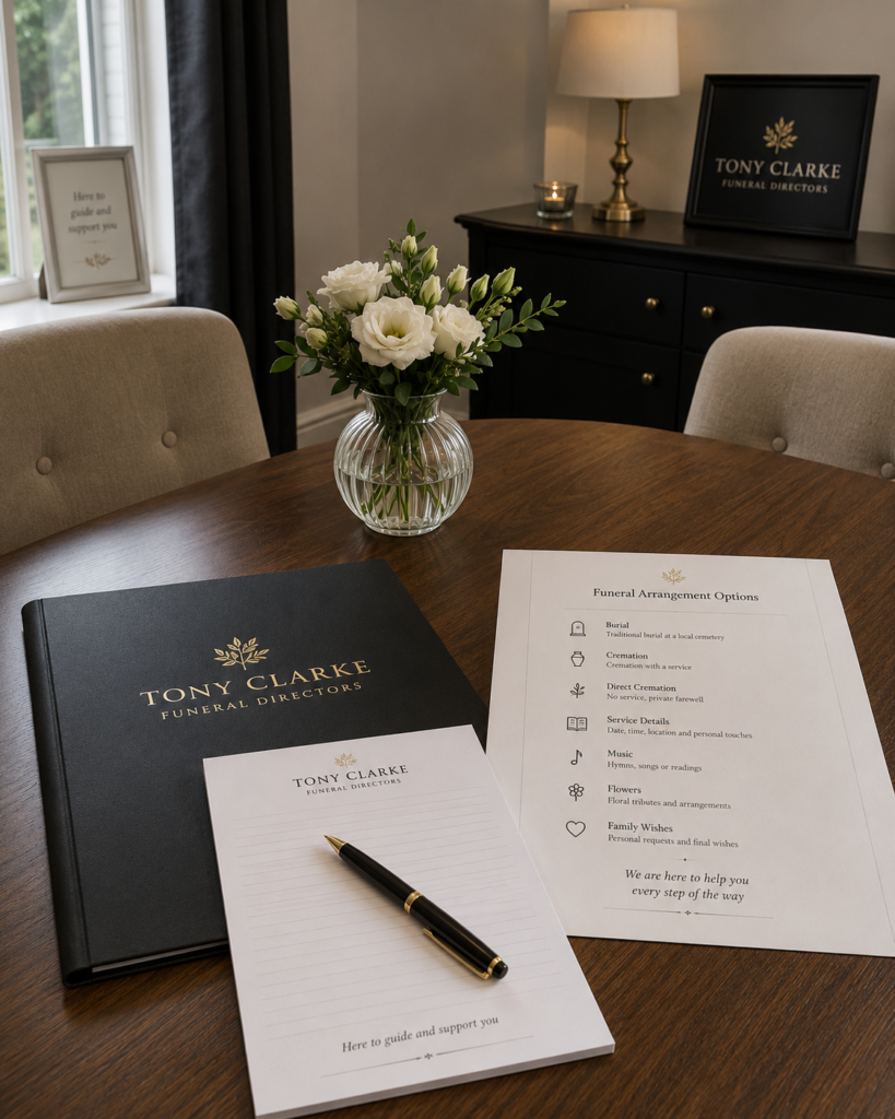 Funeral arrangement table with Tony Clarke Funeral Directors folder, pen, flowers and funeral options sheet. death at home Sunderland