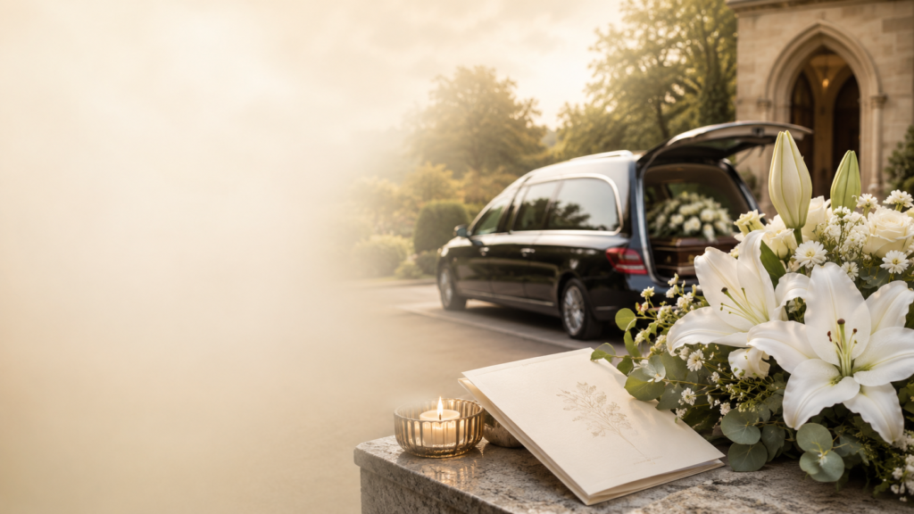 Funeral services in Sunderland with hearse, funeral flowers and order of service booklet