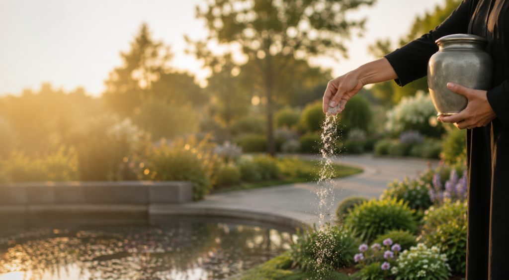 Person gently scattering ashes in a peaceful memorial garden during sunset, surrounded by flowers and tranquil landscaping.