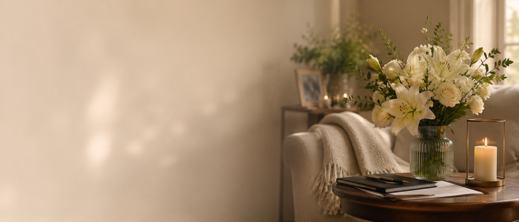 Calm support setting with flowers, candle and paperwork for guidance after a death in Sunderland.