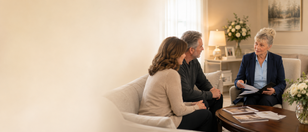 Funeral director from Tony Clarke Funeral Directors meeting with a family in a comfortable client home room, discussing funeral options and documents, with space on the left for website text. funeral arrangements in Sunderland