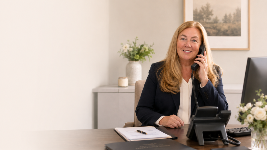 A professional funeral office setting with a warmly dressed staff member seated at a desk with a telephone, creating a calm and welcoming atmosphere.